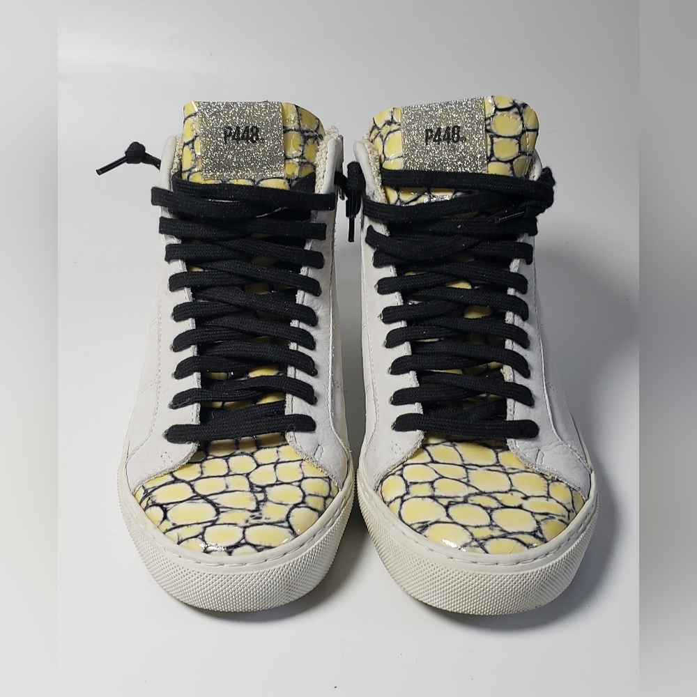 P448 Women's High Top White / Yellow Embossed Toe Sneaker Size 36